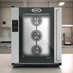 Stainless steel commercial oven with UNOX logo on a white background