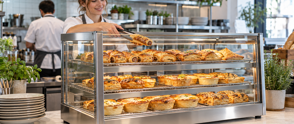 Staff serving pastries from a commercial heated food display