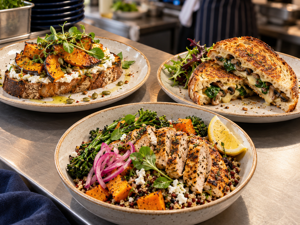 Roast pumpkin toast, mushroom melt and lemon herb chicken bowl on a café pass