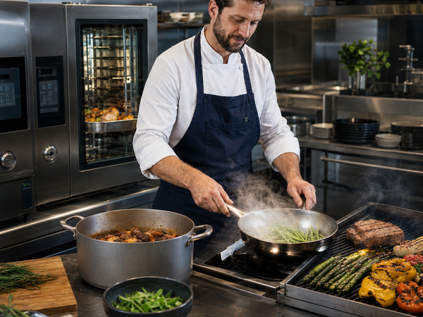 Professional chef demonstrating commercial cooking methods in a stainless steel kitchen