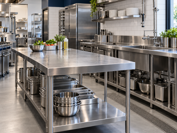 Illustrative commercial kitchen with stainless steel preparation bench and sink station
