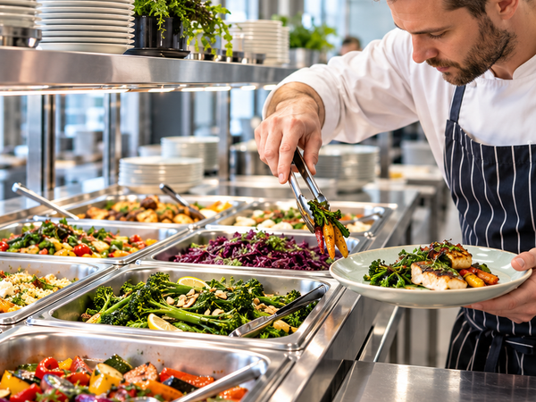 Chef plating prepared food from a commercial stainless steel bain marie servery