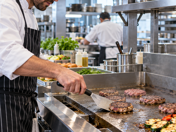 Chef using a commercial flat-plate griddle for burgers and vegetables in a restaurant kitchen