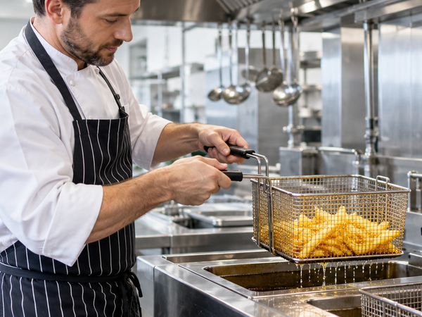 Chef lifting a basket of cooked chips above a commercial stainless steel deep fryer