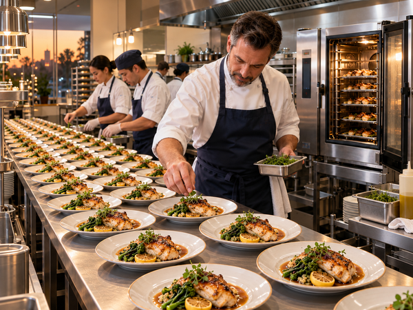 Banquet chefs plating meals beside a commercial combi oven
