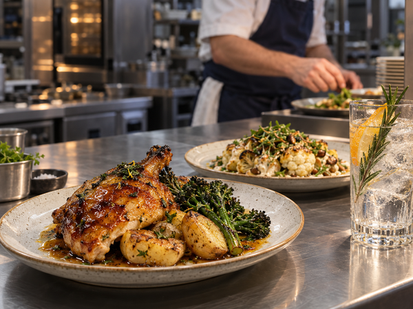 Roast chicken, cauliflower and an iced citrus drink on a commercial kitchen pass.