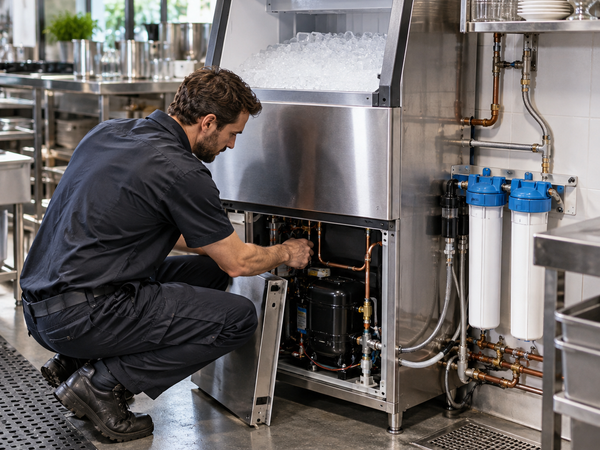 Technician servicing a commercial ice machine with filtration and drainage visible