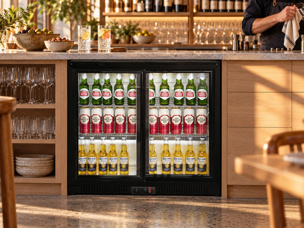 Two-door glass bar fridge in a warm timber and stone hospitality bar; illustrative setting