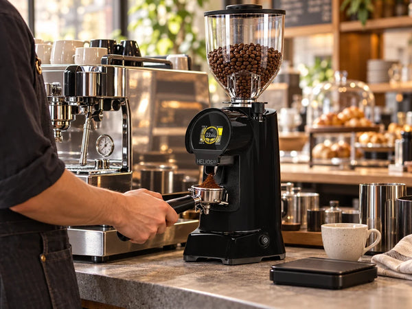 Black Eureka Helios 65 grinder dosing coffee at a specialty café espresso station