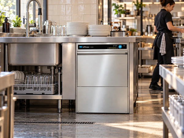 MEIKO UPster U 500 beneath a stainless bench in an editorial restaurant wash-up scene