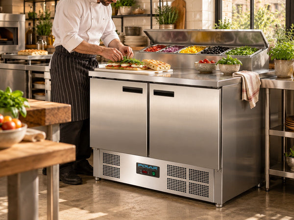 Polar G604-A two-door prep fridge with a chef assembling a sandwich in an editorial kitchen scene
