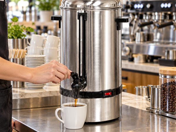 Commercial coffee percolator serving a cup at a café beverage station