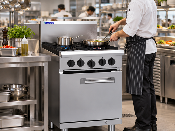Chef using a four-burner commercial gas range with oven base in a restaurant kitchen