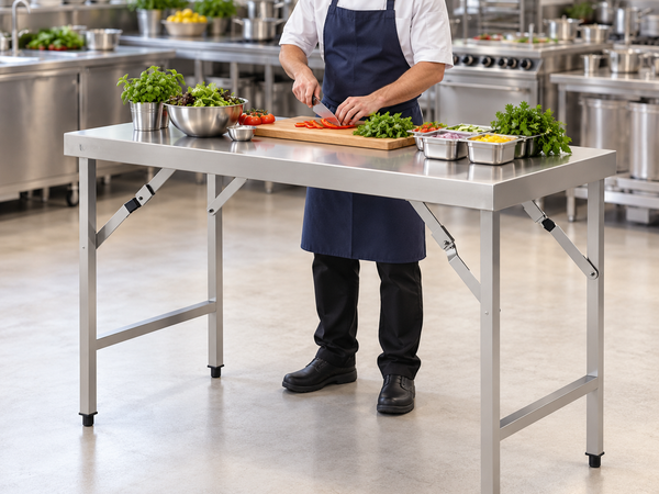 Chef preparing vegetables on a folding stainless steel table in a restaurant kitchen