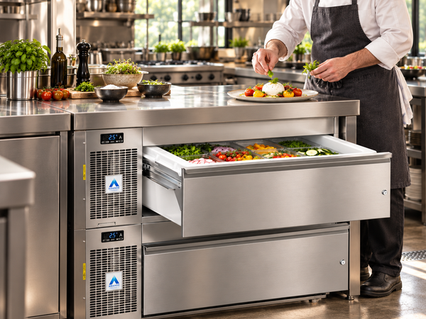 Adande refrigerated drawers in a commercial kitchen, illustrative editorial setting