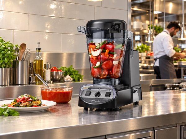 Vitamix blender at a commercial preparation counter, illustrative editorial setting