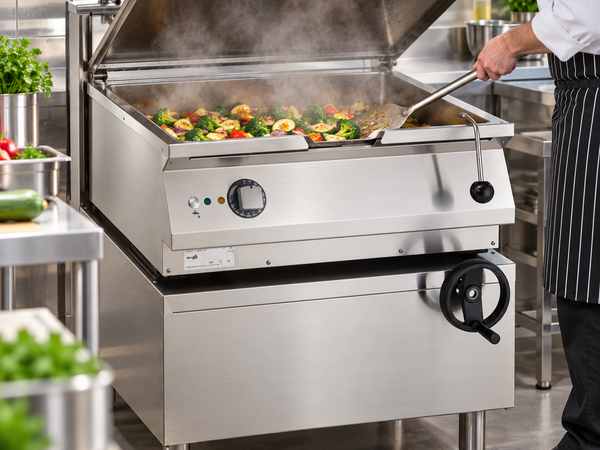Tilting bratt pan in a restaurant kitchen, illustrative editorial scene