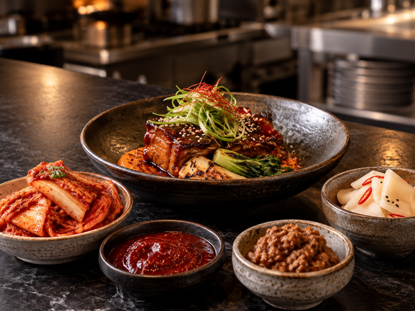 Korean fermented foods and a modern restaurant dish on a commercial kitchen pass