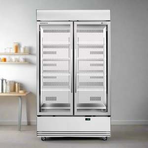 Commercial refrigerator with glass doors on a white background