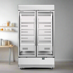 Commercial refrigerator with glass doors on a white background