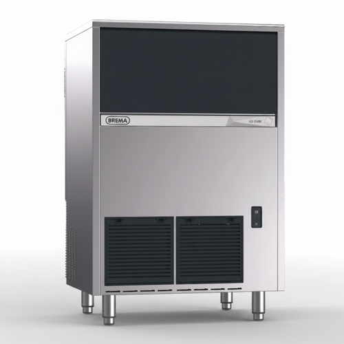 Ice machine with a black screen and visible brand logo on a green background