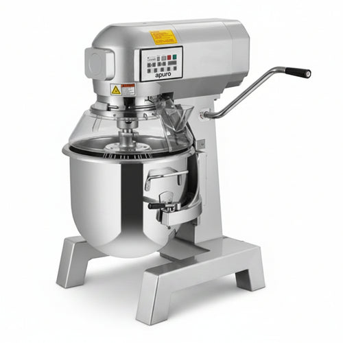 A commercial stand mixer with a large stainless steel bowl, digital control panel, and a metal lever handle, shown on a plain white background.
