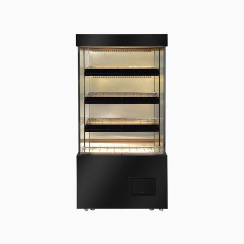 Black display case with glass shelves on a white background