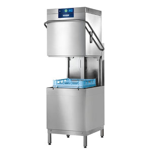 Stainless steel commercial dishwasher with a blue tray on a white background