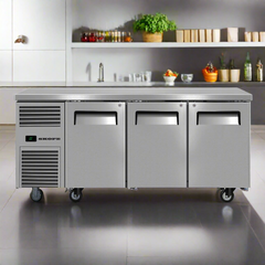 Stainless steel refrigerator with three doors on a white background