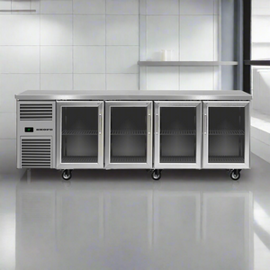 Commercial refrigerator with four glass doors on a white background