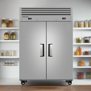 Stainless steel commercial refrigerator with double doors on a white background