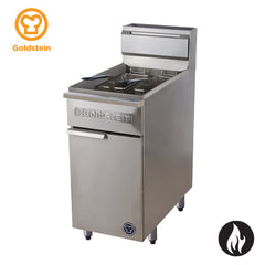 Goldstein commercial deep fryer in stainless steel, featuring a front-mounted storage cabinet, two baskets, and a drain basket, shown on a white background with Goldstein brand logo.