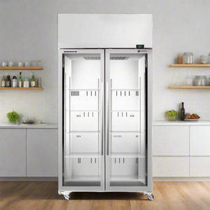 Commercial refrigerator with glass doors on a white background