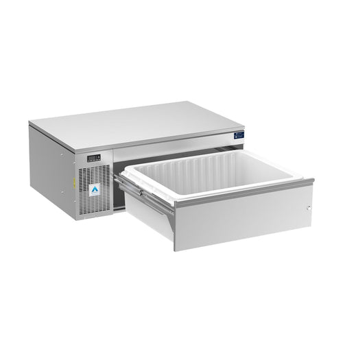 Adande VCS1 refrigerated drawer with a cover top and plinth base, drawer open