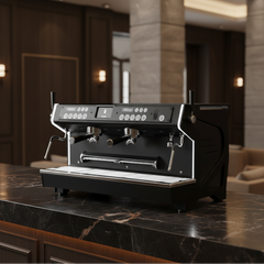 A black and silver commercial espresso machine sits on a polished dark marble countertop in a modern, upscale kitchen or cafe setting with warm lighting and stone columns in the background.