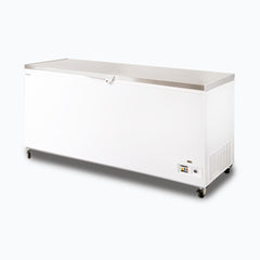 White freezer with a metal top on a white background