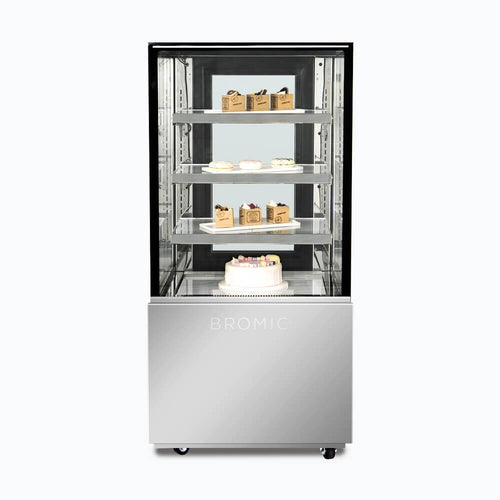Bromic FD4T0660C-NR 660mm four-tier cake display cabinet, front view stocked with desserts