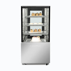 Bromic FD4T0660C-NR 660mm four-tier cake display cabinet, front view stocked with desserts