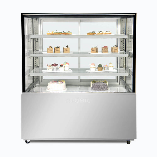 Bromic FD4T1200C-NR 1200mm four-tier cake display cabinet, front view stocked with desserts