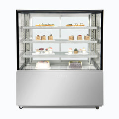 Bromic FD4T1200C-NR 1200mm four-tier cake display cabinet, front view stocked with desserts
