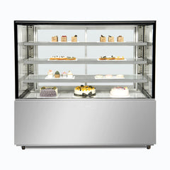 Bromic FD4T1500C-NR 1500mm four-tier cake display cabinet, front view stocked with desserts