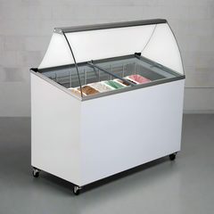 Ice cream display freezer with various ice cream flavors on a white background