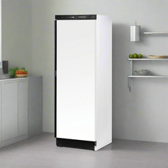 White refrigerator with black base on a white background