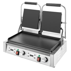 Double panini press with black plates on a white background