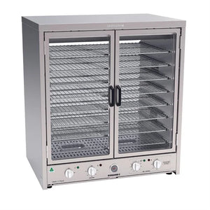 Stainless steel commercial food dryer with glass doors on a white background