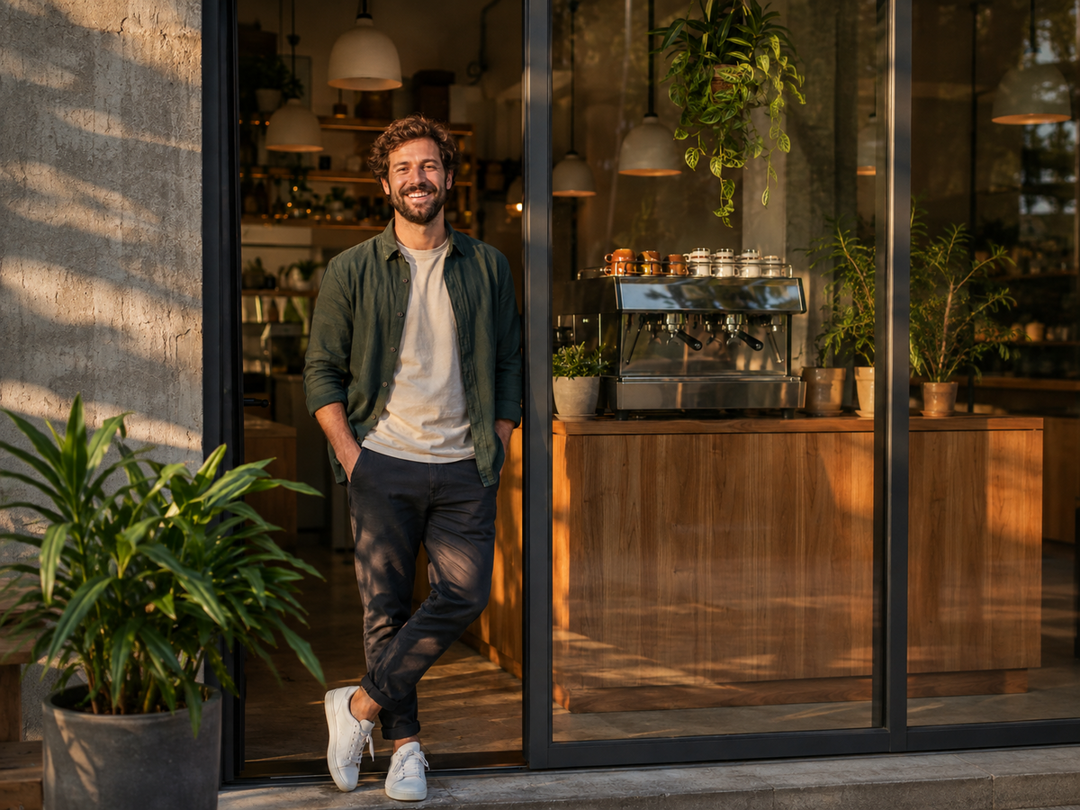 Hospitality business owner standing at the entrance of a modern café