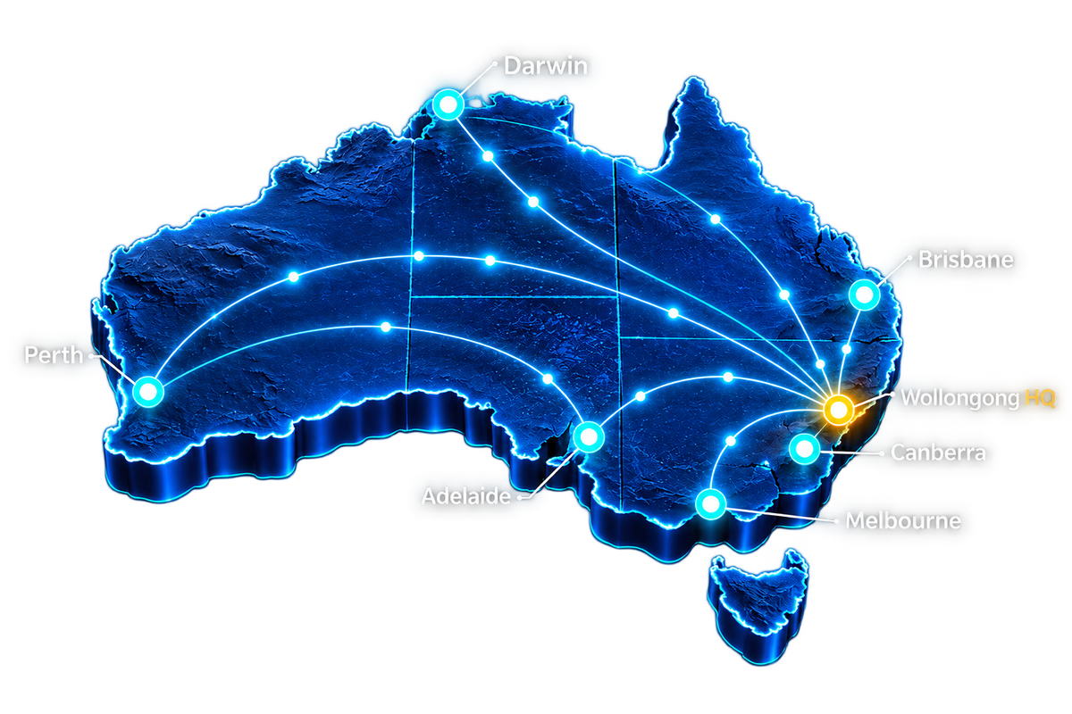Australia delivery map with Wollongong HQ and connections to Perth, Darwin, Brisbane, Adelaide, Melbourne and Canberra.