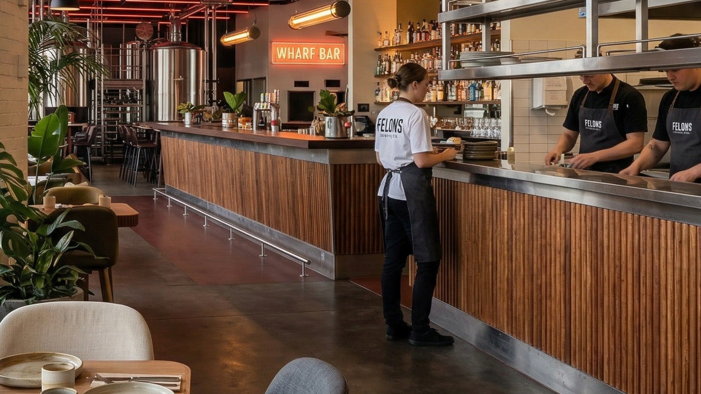 Felons Manly bar and open commercial kitchen