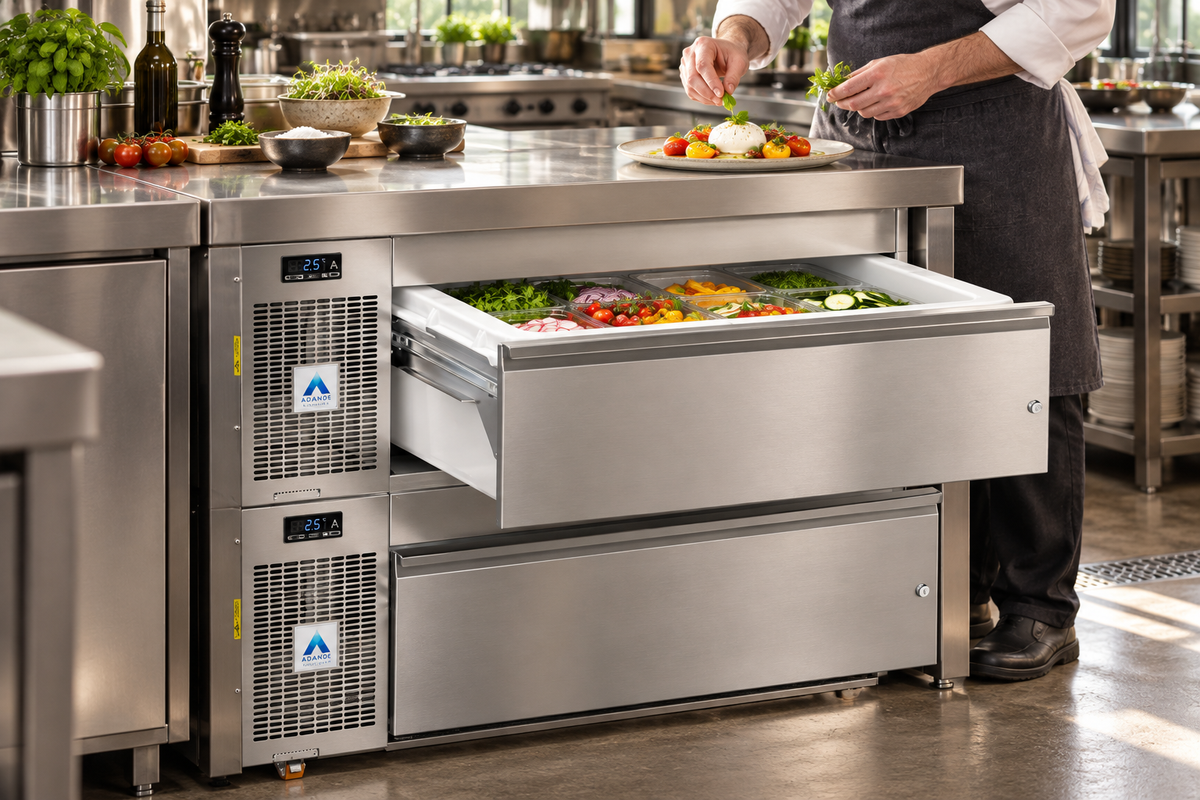 Adande refrigerated drawers open in a professional kitchen