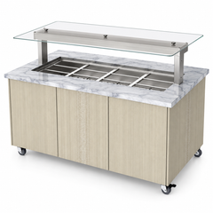 Culinaire CH.IBGJ.BMC.U.GSF.4 four-bay heated island buffet with stone top, joinery panels and flat glass gantry